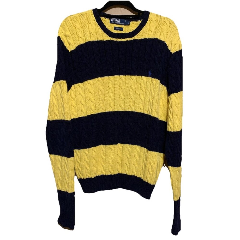 Vintage Polo Ralph Lauren Cable Knit‎ Sweater Men's L blue Yellow Striped Rugby